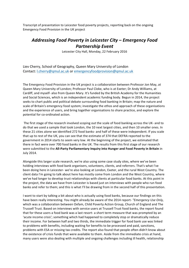 addressing food poverty in leicester city emergency food