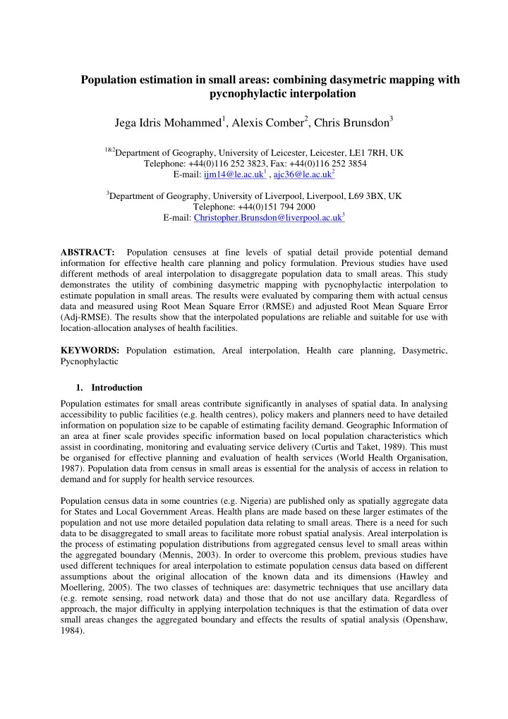 population estimation in small areas combining dasymetric