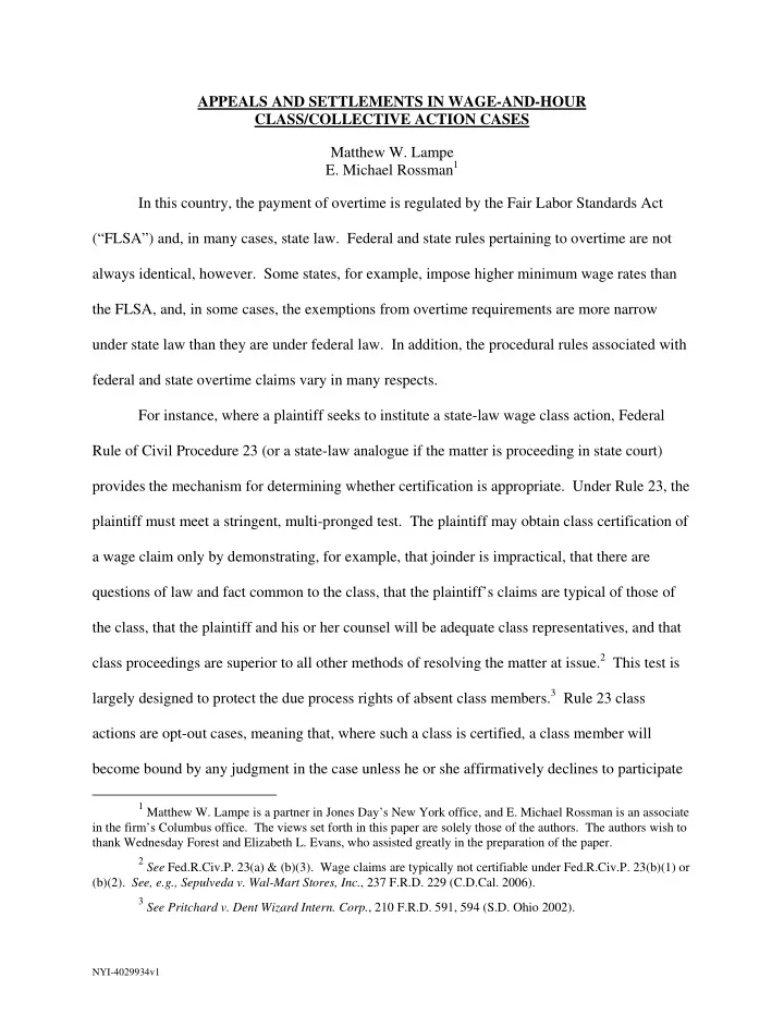 appeals and settlements in wage and hour class collective