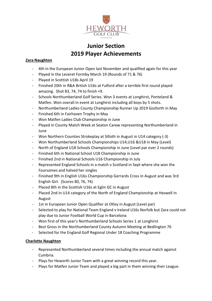 junior section 2019 player achievements