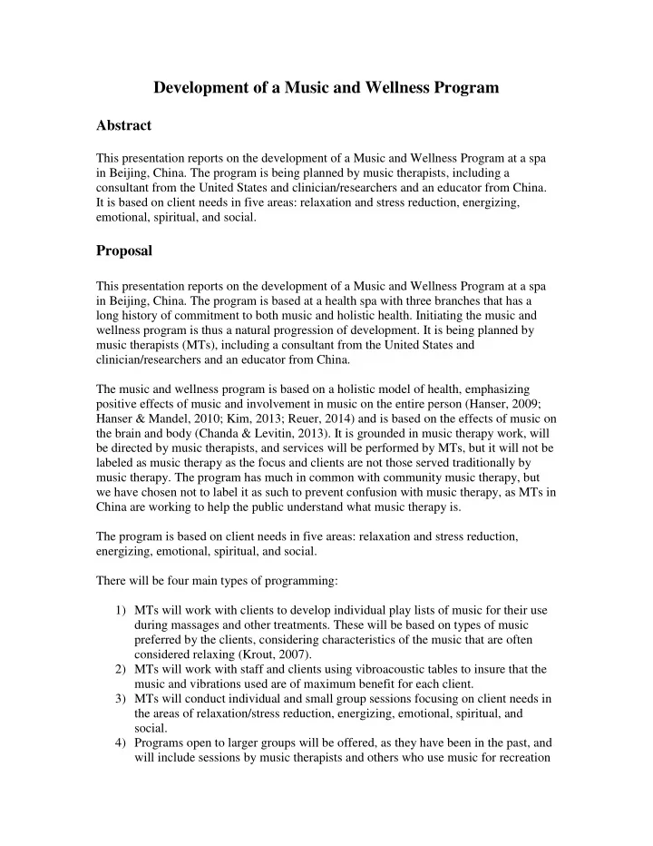 development of a music and wellness program