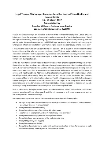 Legal Training Workshop - Removing Legal Barriers to Prison Health and Human Rights:  13 - 15 March