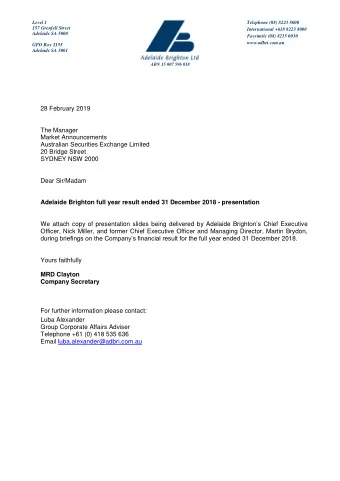 Level 1  Telephone (08) 8223 8000  157 Grenfell Street  International +618 8223 8000  Adelaide SA