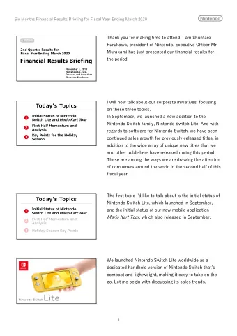 Financial Results Briefing  the period.  November 1, 2019  Nintendo Co., Ltd.  Director and