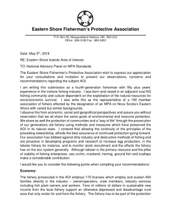 Eastern Shore Fisherman  s Protective Association  P.O. Box 55, Musquodoboit Harbour, NS,  B0J