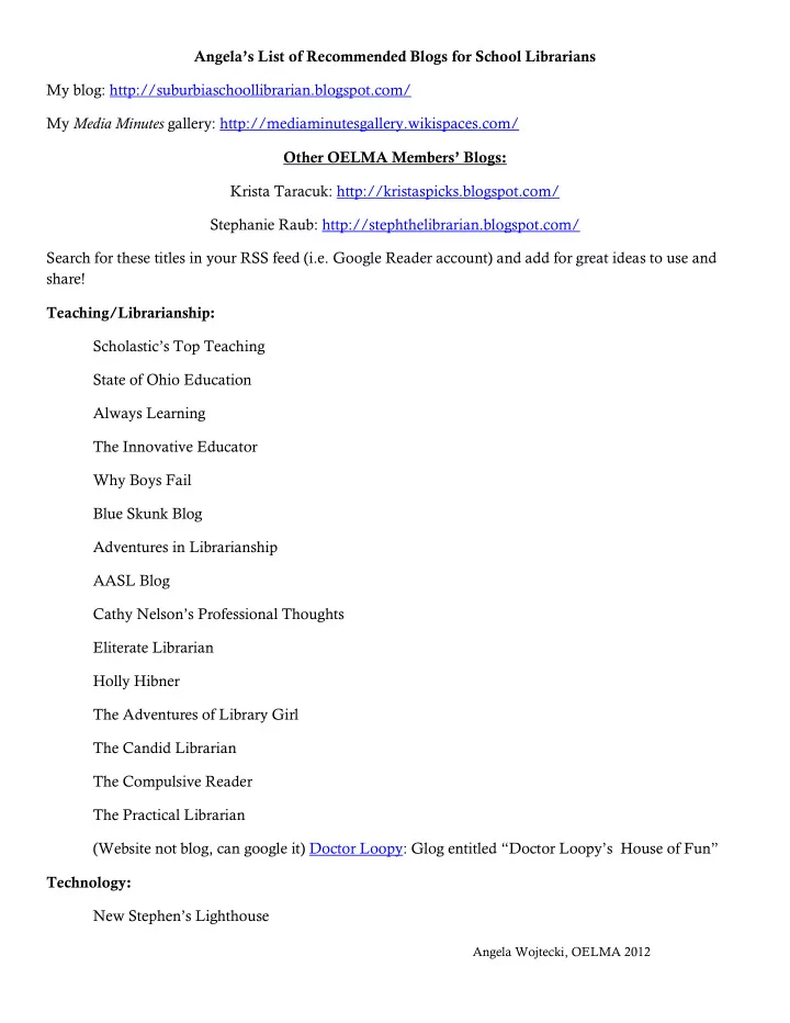 angela s list of recommended blogs for school librarians