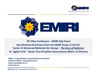 SET Plan Conference - EMIRI Side Event  Key Elements &amp; Extracts from the EMIRI Study on the EU