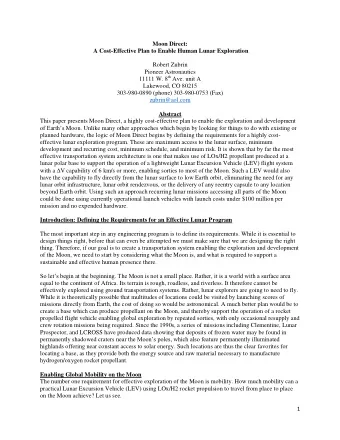 Moon Direct:  A Cost-Effective Plan to Enable Human Lunar Exploration  Robert Zubrin  Pioneer