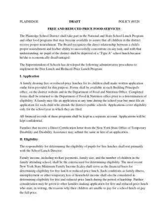 PLAINEDGE  DRAFT  POLICY #8520 FREE AND REDUCED PRICE FOOD SERVICES  The Plainedge School District