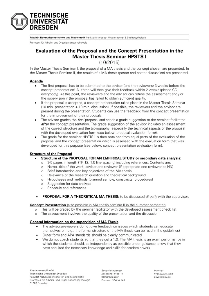 evaluation of the proposal and the concept presentation