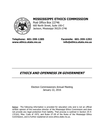ETHICS AND OPENNESS IN GOVERNMENT  Election Commissioners Annual Meeting  January 22, 2016  Notice: