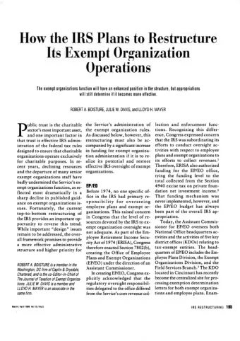 The  exempt  organizations  function will have  an enhanced  position in the structure, but