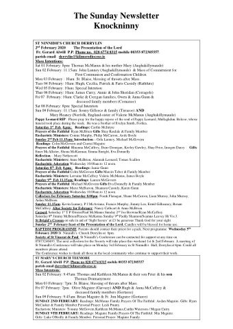 The Sunday Newsletter  Knockninny ST NINNIDHS CHURCH DERRYLIN 2 nd February 2020        The