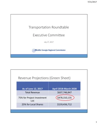 Transportation Roundtable  Executive Committee  July 17, 2017  Revenue Projections (Green Sheet)