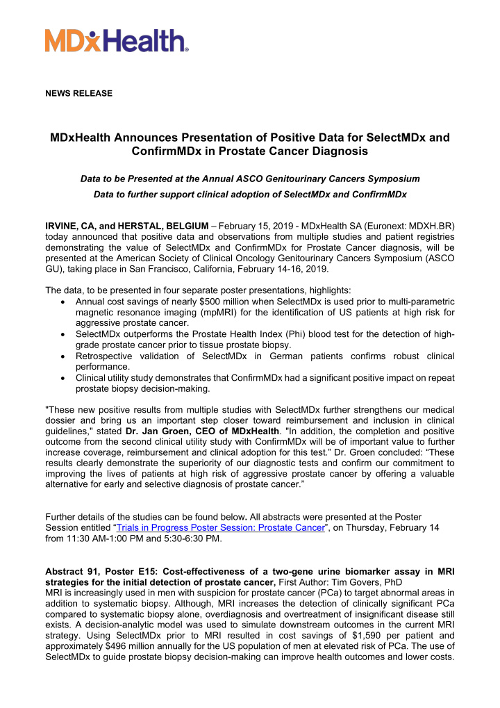 mdxhealth announces presentation of positive data for