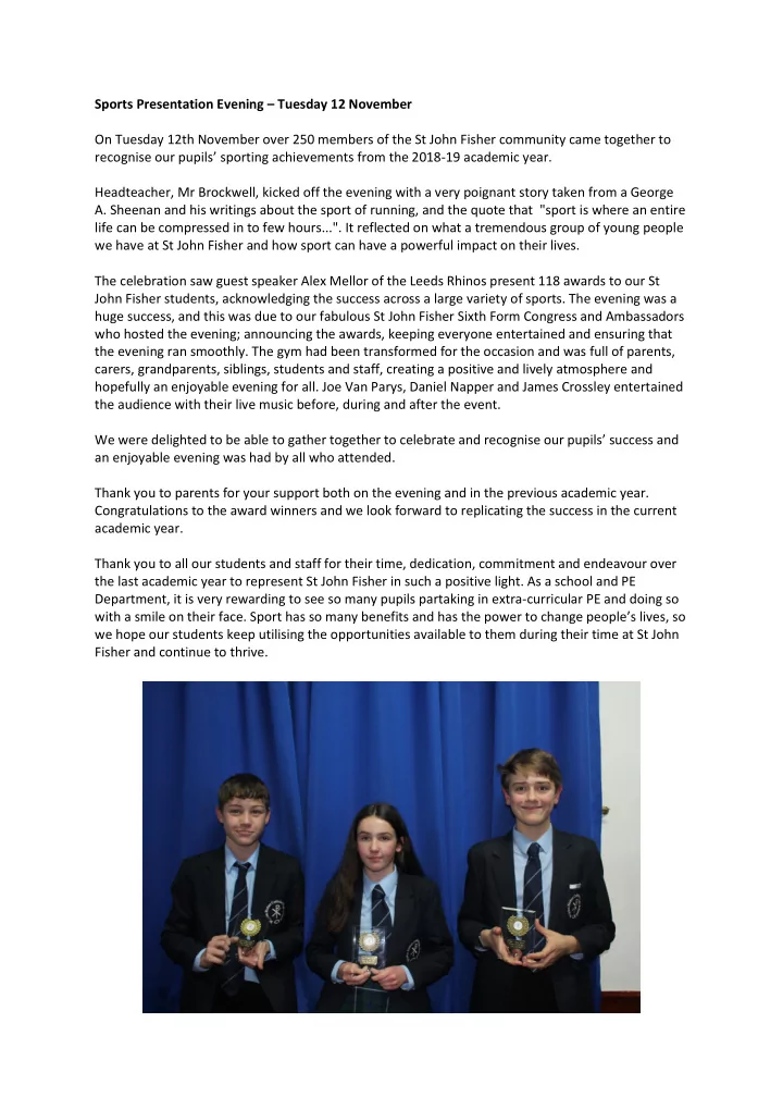 sports presentation evening tuesday 12 november on
