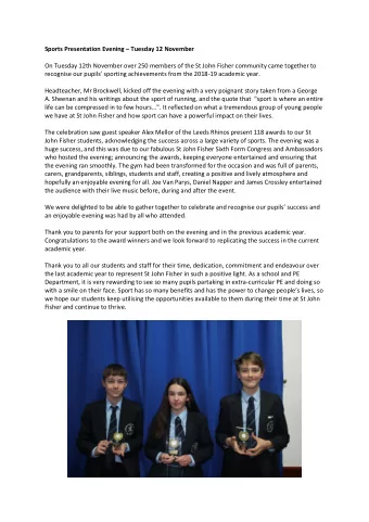 Sports Presentation Evening  Tuesday 12 November  On Tuesday 12th November over 250 members of