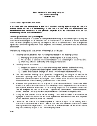 TWG Review and Reporting Template  TWG Network Meeting  27-28 February Name of TWG: Agriculture and