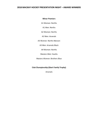 2018 MACKAY HOCKEY PRESENTATION NIGHT  AWARD WINNERS  Minor Premiers  A1 Women: Norths  A1 Men: