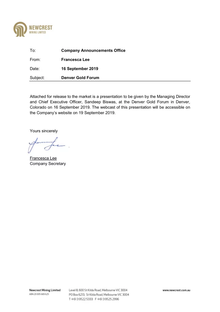 to company announcements office from francesca lee date