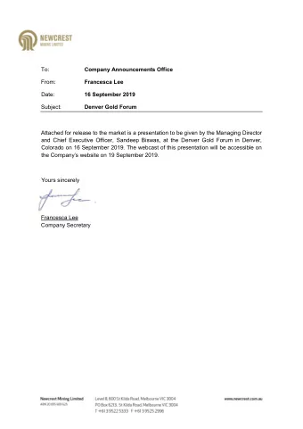 To:  Company Announcements Office  From:  Francesca Lee  Date: 16 September 2019  Subject:  Denver