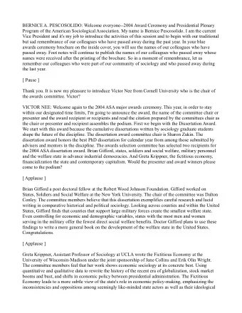 BERNICE A. PESCOSOLIDO: Welcome everyone--2004 Award Ceremony and Presidential Plenary  Program of