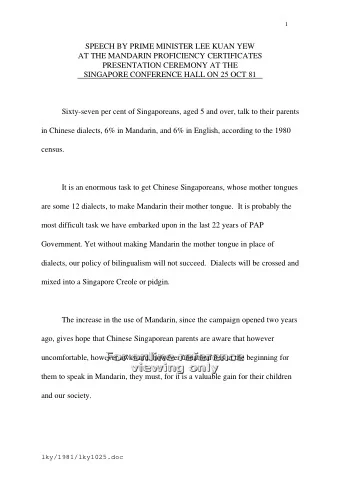 SPEECH BY PRIME MINISTER LEE KUAN YEW  AT THE MANDARIN PROFICIENCY CERTIFICATES  PRESENTATION