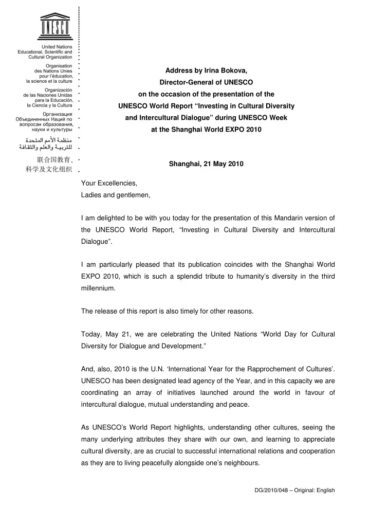 address by irina bokova director general of unesco on the