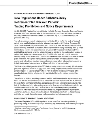 New Regulations Under Sarbanes-Oxley  Retirement Plan Blackout Periods: Trading Prohibition and