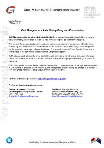 For personal use only Gulf Manganese  Asia Mining Congress Presentation Gulf Manganese