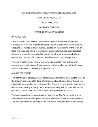 MANGO JUICE/CONCENTRATE PROCESSING, QUALITY AND  SHELF LIFE IMPROVEMENT  1 TO 17 MAY, 2016  BY DEAN
