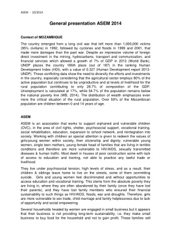 General presentation ASEM 2014  Context of MOZAMBIQUE  The country emerged from a long civil war