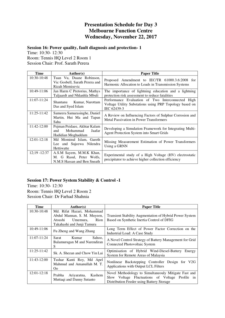 presentation schedule for day 3 melbourne function centre