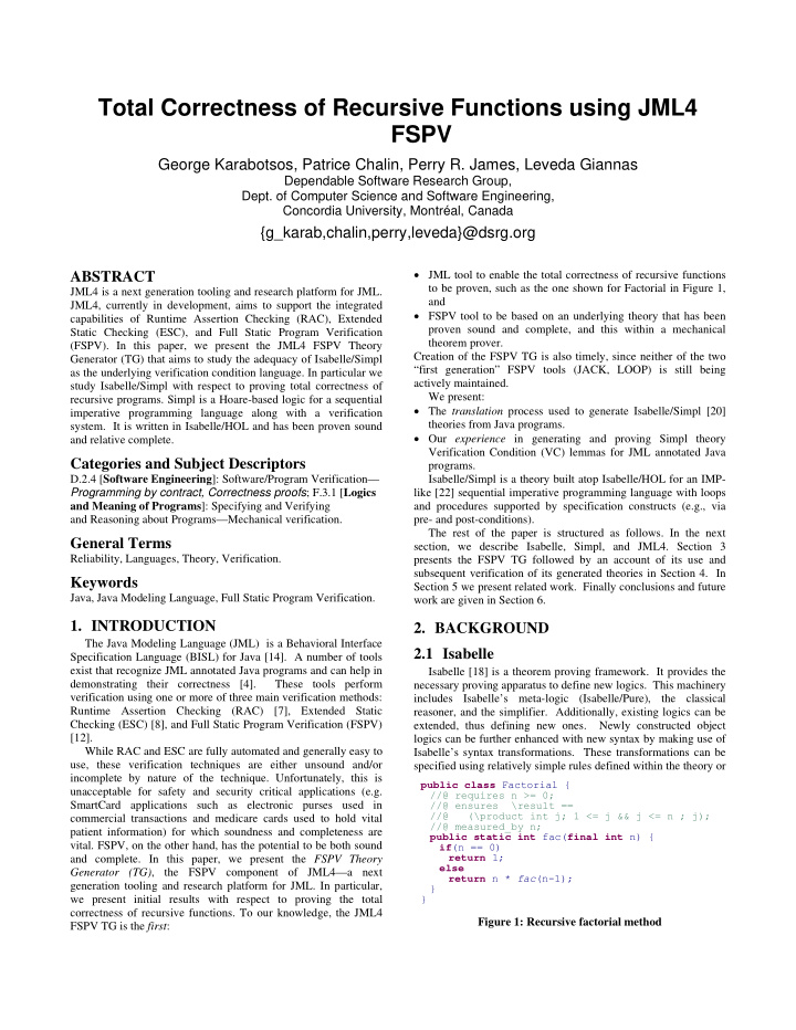 total correctness of recursive functions using jml4 fspv