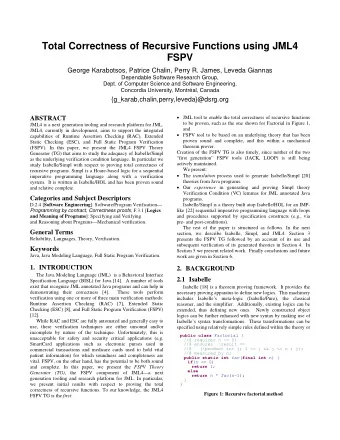 Total Correctness of Recursive Functions using JML4  FSPV  George Karabotsos, Patrice Chalin, Perry
