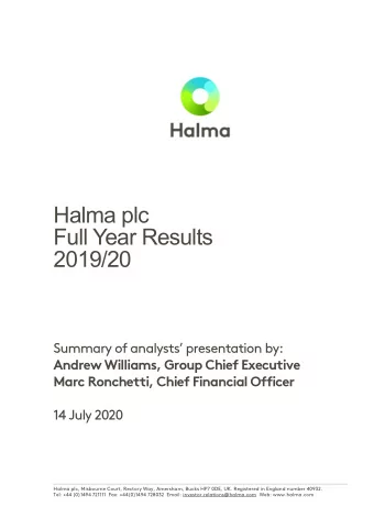 Halma plc  Full Year Results  2019/20  Summary of analysts presentation by:  Andrew Williams,