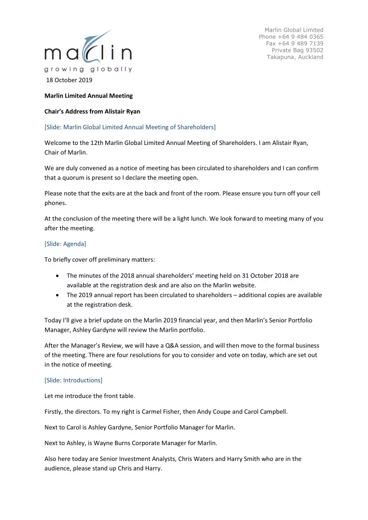 18 october 2019 marlin limited annual meeting chair s