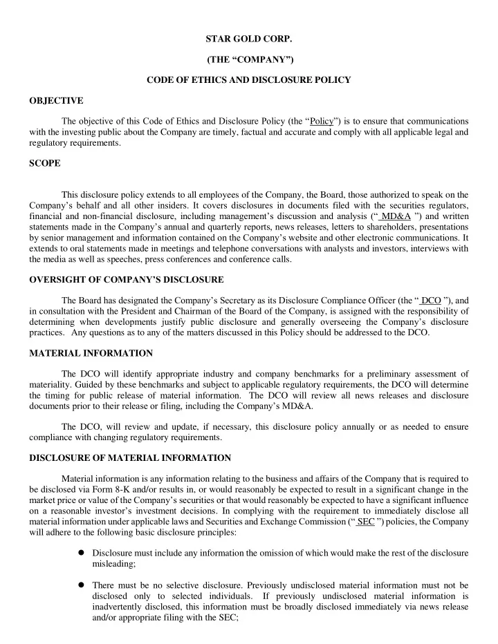 star gold corp the company code of ethics and disclosure
