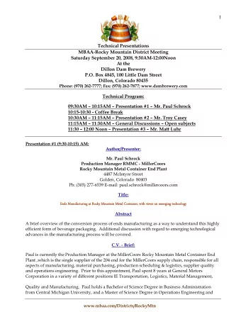 1  Technical Presentations  MBAA-Rocky Mountain District Meeting  Saturday September 20, 2008,