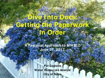 Dive I nto Docs:  Getting the Paperwork  in Order  A Regional Approach to MWELO  June 27, 2017  Pat