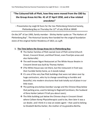 The Coloured folk of Plett, how t hey were moved from the CBD by  the Group Areas Act No. 41 of