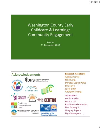 Washington County Early  Childcare &amp; Learning:  Community Engagement  Report  11 December 2019