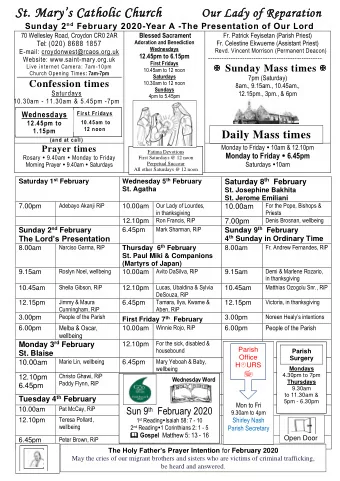 S t. Marys Catholic Church Our Lady of Reparation Sunday 2 nd February 2020-Year A -The