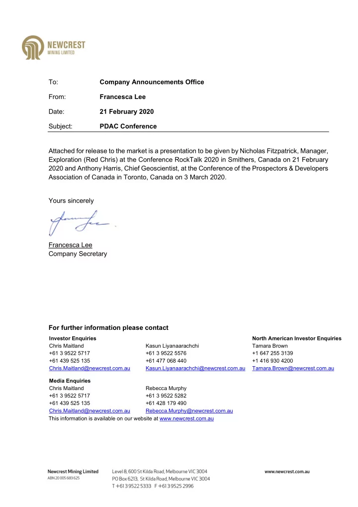 to company announcements office from francesca lee date