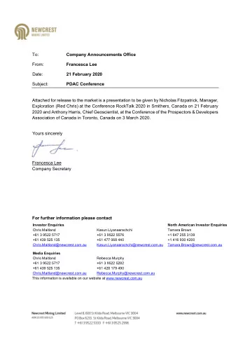 To:  Company Announcements Office  From:  Francesca Lee  Date: 21 February 2020  Subject: PDAC
