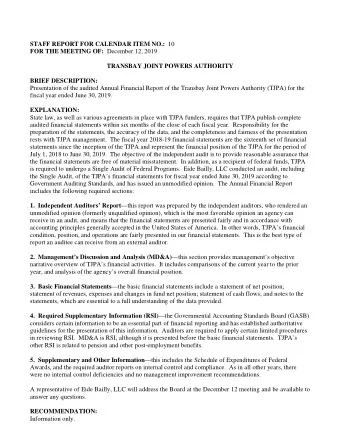 STAFF REPORT FOR CALENDAR ITEM NO.: 10 FOR THE MEETING OF: December 12, 2019  TRANSBAY JOINT POWERS