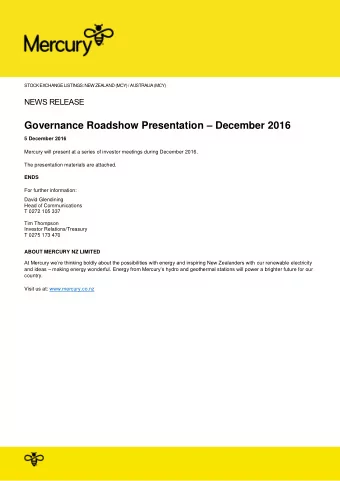 Governance Roadshow Presentation  December 2016 5 December 2016  Mercury will present at a