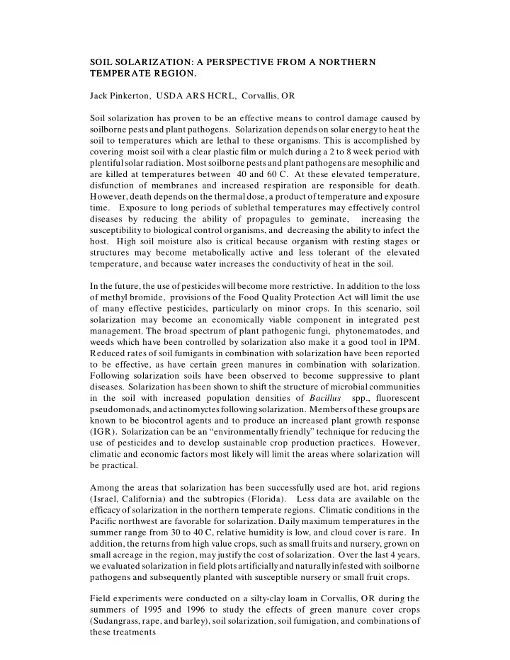 soil solarization a perspective from a northern soil