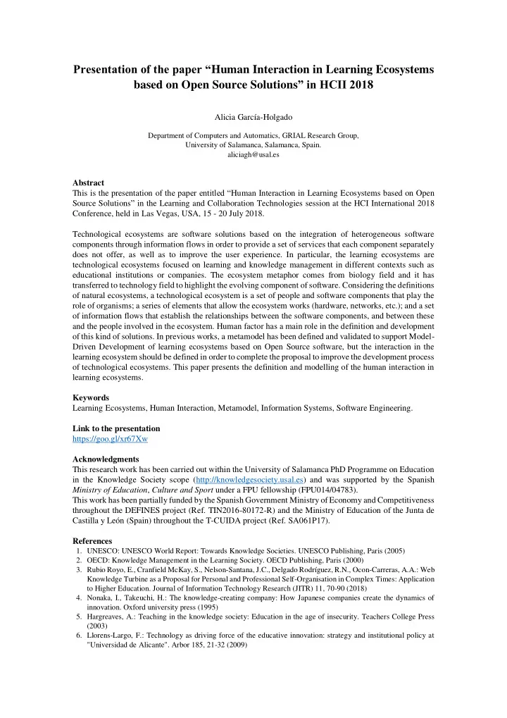 presentation of the paper human interaction in learning