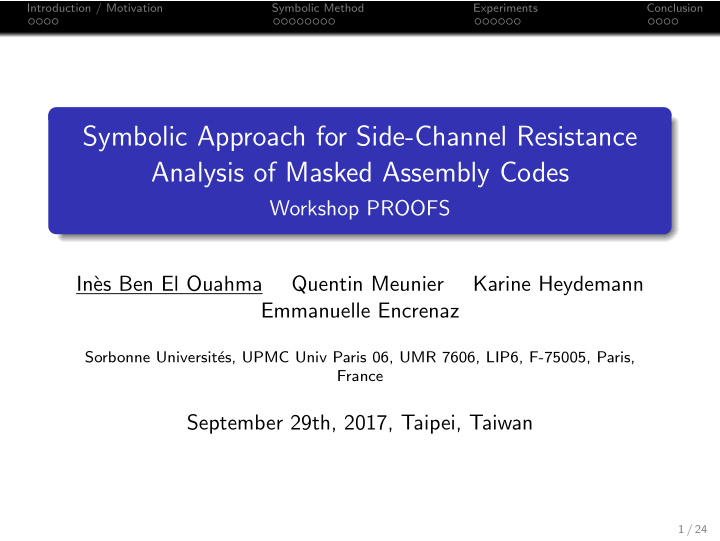 symbolic approach for side channel resistance analysis of